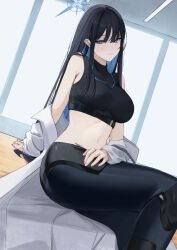 Rule 34 | 1girl, absurdres, black hair, black pants, black shirt, blue archive, blue hair, blue halo, breasts, closed mouth, colored inner hair, halo, highres, jacket, knee pads, large breasts, long hair, long sleeves, looking at viewer, multicolored hair, navel, pants, ref (pmxt4483), saori (blue archive), shirt, sitting, sleeveless, sleeveless shirt, solo, white jacket