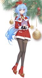 Rule 34 | 1girl, absurdres, black gloves, black pantyhose, blue hair, blush, brown eyes, capelet, character doll, christmas tree, closed mouth, dress, floating hair, full body, fur-trimmed capelet, fur trim, ganyu (genshin impact), genshin impact, gloves, hat, highres, horns, ironmarch, long hair, long sleeves, pantyhose, red capelet, red dress, red footwear, red hat, short dress, solo, standing, very long hair