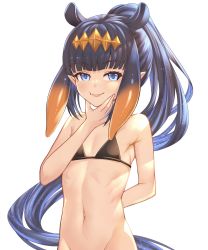 Rule 34 | 1girl, absurdres, bikini, black bikini, black hair, blunt bangs, bottomless, flat chest, gradient hair, highres, hololive, hololive english, honkivampy, long hair, looking at viewer, mole, mole under eye, multicolored hair, navel, ninomae ina&#039;nis, orange hair, out-of-frame censoring, pointy ears, ponytail, purple hair, sidelocks, simple background, solo, standing, swimsuit, tentacle hair, very long hair, virtual youtuber, white background