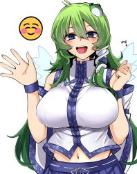 Rule 34 | 1girl, bare shoulders, blue eyes, blue skirt, blush, breasts, commentary request, detached sleeves, emoticon, frog hair ornament, green hair, hair ornament, hair tubes, japanese clothes, kochiya sanae, large breasts, long hair, navel, nontraditional miko, open mouth, rihito (usazukin), simple background, skirt, smile, snake hair ornament, solo, touhou, white background, white sleeves, wide sleeves