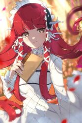 Rule 34 | 1girl, blunt bangs, blurry, blurry background, blurry foreground, book, closed mouth, collar, detached collar, dress, falling petals, floating hair, frilled collar, frilled hairband, frills, hair ribbon, hairband, highres, holding, holding book, light blush, long hair, long sleeves, looking at viewer, persona, persona 3, persona 3 reload, petals, red hair, ribbon, sidelocks, smile, solo, straight hair, upper body, white collar, white dress, white ribbon, yellow eyes, yoshino chidori, zer00han