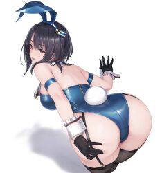 Rule 34 | 1girl, adapted costume, animal ears, arm strap, ass, ass focus, black gloves, black hair, black thighhighs, blue leotard, bow, bowtie, breasts, commentary, covered navel, detached collar, fake animal ears, fake tail, garter straps, gloves, hair ornament, hairclip, highleg, highleg leotard, highres, huge ass, kantai collection, large breasts, leotard, looking at viewer, looking back, medium breasts, medium hair, parted lips, playboy bunny, rabbit ears, rabbit tail, red eyes, rokuwata tomoe, short hair, solo, strapless, strapless leotard, symbol-only commentary, tail, takao (kancolle), thighhighs, traditional bowtie, wide hips, wrist cuffs, zipper pull tab