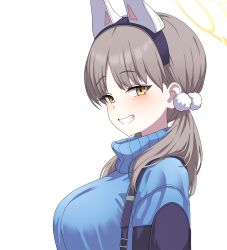 Rule 34 | 1girl, absurdres, animal ears, blue archive, blue sweater, blush, breasts, brown eyes, brown hair, fake animal ears, from side, grin, halo, highres, large breasts, long hair, looking at viewer, moe (blue archive), rabbit ears, smile, solo, sweater, transparent background, twintails, upper body, vector (dmlddmld00), yellow halo
