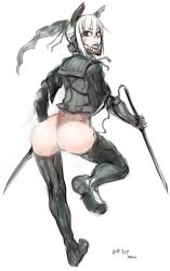 Rule 34 | 1girl, ass, headgear, looking at viewer, looking back, original, ponytail, short hair, sigama, silver hair, simple background, solo, sword, weapon, white background