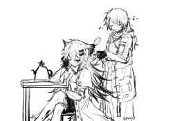 Rule 34 | 2girls, animal ears, arknights, brushing another&#039;s hair, brushing hair, closed eyes, gloves, greyscale, hair brush, holding, holding hair, lappland (arknights), long hair, material growth, monochrome, multiple girls, musical note, oripathy lesion (arknights), ringo8010, scar, scar across eye, sketch, smile, white background