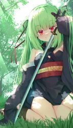 Rule 34 | 1girl, absurdres, arm at side, arm up, bare shoulders, blunt bangs, blush, breasts, butterfly hair ornament, cross-laced footwear, detached sleeves, full body, grass, green hair, hair ornament, hair ribbon, highres, holding, holding sword, holding weapon, japanese clothes, katana, kimono, long hair, long sleeves, murasame (senren), nodoameyatou, outdoors, pom pom (clothes), red eyes, red ribbon, ribbon, sash, senren banka, shadow, short kimono, sidelocks, sitting, sleeveless, sleeveless kimono, small breasts, smile, solo, sparkle, sunlight, sword, thighs, tree, two side up, very long hair, wariza, weapon, wide sleeves, yuzu-soft