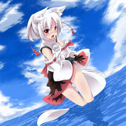 Rule 34 | 1girl, alternate hairstyle, animal ears, bare shoulders, clothes lift, cloud, cloudy sky, day, detached sleeves, dutch angle, female focus, inubashiri momiji, leaning forward, no headwear, no headwear, noa (nagareboshi), open mouth, panties, partially submerged, ponytail, short hair, side-tie panties, skirt, skirt lift, sky, solo, standing, tail, touhou, underwear, upskirt, wading, water, wolf ears, wolf tail