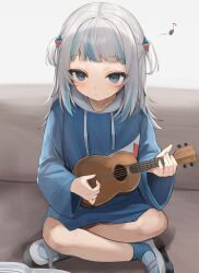 Rule 34 | 1girl, absurdres, animal costume, blue eyes, blue hair, blue hoodie, blush, closed mouth, couch, crossed legs, full body, gawr gura, gawr gura (1st costume), hair ornament, highres, hololive, hololive english, hood, hood down, hoodie, indian style, instrument, iruka3, looking down, medium hair, multicolored hair, music, musical note, on couch, playing instrument, shark costume, shark hair ornament, sitting, solo, streaked hair, two-tone hair, two side up, ukulele, virtual youtuber, white footwear, white hair