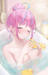 Rule 34 | 1girl, absurdres, bath, bathing, bathtub, blue hair, blue nails, blush, breasts, closed eyes, completely nude, hair bun, highres, hololive, kmdr 04, large breasts, long hair, minato aqua, multicolored hair, nose blush, nude, partially submerged, pink hair, purple eyes, rubber duck, solo, streaked hair, virtual youtuber, water