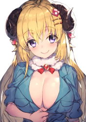 Rule 34 | 1girl, blonde hair, blue shirt, blush, breasts, brooch, cleavage, closed mouth, commentary, curled horns, hair ornament, hololive, horns, jewelry, kuso miso technique, large breasts, long hair, looking at viewer, parody, purple eyes, redcomet, revision, sheep girl, sheep horns, shirt, simple background, sleeves rolled up, smile, solo, tsunomaki watame, upper body, virtual youtuber, white background, wool, yaranaika
