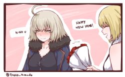 Rule 34 | 2girls, ahoge, black border, black shirt, blonde hair, blush, border, bouquet, closed eyes, closed mouth, collared dress, collared shirt, dark persona, disco brando, dress, dual persona, embarrassed, english text, fate/grand order, fate (series), flower, fur trim, grey hair, hair between eyes, happy new year, highres, holding, holding bouquet, jacket, jeanne d&#039;arc (fate), jeanne d&#039;arc (ruler) (fate), jeanne d&#039;arc alter (fate), jeanne d&#039;arc alter (ver. shinjuku 1999) (fate), long sleeves, looking away, multiple girls, new year, official alternate costume, pink background, red flower, red rose, rose, shirt, short hair, twitter username