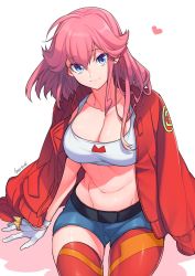 Rule 34 | 1girl, aina ardebit, asymmetrical legwear, belt pouch, blue eyes, crop top, cropped jacket, gloves, highres, midriff, navel, pink hair, pouch, promare, red thighhighs, short hair, shorts, side ponytail, smile, suspenders, takatsuki ichi, thighhighs, uneven legwear, white gloves