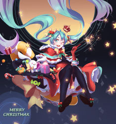 Rule 34 | 1girl, ;d, ahoge, bad id, bad pixiv id, black thighhighs, blue eyes, blue hair, bow, box, candy, candy cane, capelet, christmas, crown, food, gift, gift box, gloves, hair bow, hair ribbon, hatsune miku, holly, long hair, looking at viewer, mame (yangqi787), matching hair/eyes, merry christmas, mini crown, one eye closed, open mouth, rabbit, red gloves, ribbon, sitting, smile, solo, star (symbol), stuffed animal, stuffed rabbit, stuffed toy, thighhighs, very long hair, vocaloid
