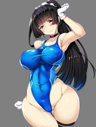 Rule 34 | absurdres, arm up, armpits, black hair, blue one-piece swimsuit, blush, breasts, cameltoe, choker, cleft of venus, competition swimsuit, gloves, hand on own head, headdress, highres, impossible clothes, impossible swimsuit, isokaze (kancolle), kantai collection, large breasts, long hair, looking at viewer, nipples, one-piece swimsuit, ponytail, see-through, smile, swimsuit, torisan, wide hips