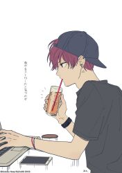 Rule 34 | 1boy, artist name, baseball cap, black shirt, bracelet, cellphone, commentary request, computer, cool doji danshi, cup, drinking glass, drinking straw, ear piercing, earrings, hat, highres, holding, holding cup, ice, jewelry, laptop, male focus, nata kokone, official art, phone, piercing, red eyes, red hair, shiki souma, shirt, short hair, short sleeves, smartphone, solo, translation request, upper body, white background