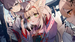 Rule 34 | 00kashian00, 3girls, animal, animal ear fluff, animal ears, animal on head, arknights, blonde hair, blue eyes, blush, cat ears, cat girl, closed mouth, commentary, dango, food, fox, fox ears, fox girl, fox tail, green eyes, grey hair, hair ornament, hairband, hands up, highres, holding, holding food, japanese clothes, kimono, kitsune, kyuubi, long sleeves, mint (arknights), mint (tsukiyoi) (arknights), multiple girls, multiple tails, obi, official alternate costume, on head, open mouth, orange eyes, outdoors, pink kimono, pinwheel, red hairband, sash, scene (arknights), scene (betsushi) (arknights), sleeves past wrists, suzuran (arknights), suzuran (yukibare) (arknights), tail, upper body, wagashi, white kimono, wide sleeves