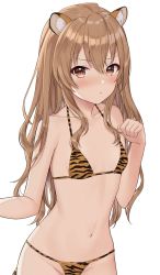 Rule 34 | 1girl, absurdres, aisaka taiga, animal ear fluff, animal ears, animal print, bare shoulders, bikini, blush, breasts, brown eyes, brown hair, cowboy shot, groin, highres, jpeg artifacts, long hair, looking at viewer, mochiko (uyu omochi), navel, simple background, small breasts, solo, stomach, swimsuit, tail, tiger ears, tiger print, tiger tail, toradora!, white background