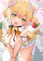 Rule 34 | 1girl, :o, asymmetrical legwear, between legs, blonde hair, blush, bow, breasts, breasts squeezed together, cake, cake slice, cleavage, cream, cream on face, dress, fed by viewer, flower, food, food on face, fork, frilled dress, frills, from above, fruit, gradient hair, green eyes, hair flower, hair ornament, hand between legs, highres, hololive, iikiroro, kneeling, large breasts, looking at viewer, medium hair, momosuzu nene, multicolored hair, nekko (momosuzu nene), open mouth, orange bow, orange dress, pov, single sock, single thighhigh, socks, solo, strawberry, strawberry shortcake, thighhighs, two side up, uneven legwear, v arms, virtual youtuber, white socks, white thighhighs