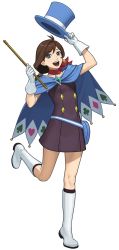 Rule 34 | 1girl, :d, absurdres, ace attorney, black skirt, blue eyes, blue hat, boots, brooch, brown hair, cape, earrings, full body, fuse takuro, gloves, hat, highres, jewelry, knee boots, looking at viewer, official art, open mouth, phoenix wright: ace attorney - spirit of justice, red scarf, scarf, short hair, single earring, skirt, smile, solo, standing, standing on one leg, top hat, trucy wright, unworn hat, unworn headwear, wand, white background, white footwear, white gloves