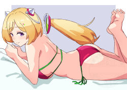 1girl absurdres aki_rosenthal ass back barefoot bikini blonde_hair blue_eyes border breasts closed_mouth detached_hair from_side hair_ornament hairpods highres hololive large_breasts long_hair lying on_stomach red_bikini side-tie_bikini_bottom smile solo swimsuit toes virtual_youtuber white_border yuzu_vt