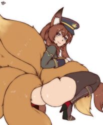Rule 34 | 1girl, animal ears, ass, blue eyes, boots, brown hair, caleen keemosn, commission, fox ears, fox girl, fox tail, hair ribbon, hat, high heels, highres, lipstick, long hair, looking at viewer, looking back, makeup, military, military hat, military uniform, multiple tails, no panties, randomboobguy, ribbon, runes, signature, smile, squatting, star ocean, star ocean anamnesis, tail, thick thighs, thighhighs, thighs, twintails, uniform, very long hair, wide hips