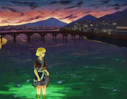 Rule 34 | 1girl, architecture, bad id, bad pixiv id, blonde hair, blouse, bridge, cloud, east asian architecture, female focus, green eyes, looking away, mizufu, mizufusen, mizuhashi parsee, mountain, partially submerged, pointy ears, shirt, short hair, skirt, skirt hold, solo, standing, touhou, town, twilight, wading, water