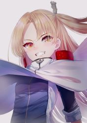 Rule 34 | 1girl, azur lane, blonde hair, breasts, capelet, cleveland (azur lane), commentary request, eyes visible through hair, grey background, grin, highres, long hair, looking at viewer, one side up, parted bangs, red eyes, schreibe shura, simple background, sleeves rolled up, small breasts, smile, solo, teeth, upper body, white capelet