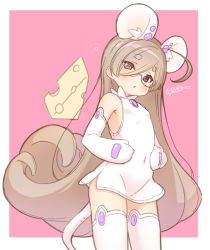 Rule 34 | 1girl, ahoge, animal ear fluff, animal ears, bare shoulders, breasts, brown hair, cheese, commentary, covered navel, dress, eyes visible through hair, food, groin, hair over one eye, heart, impossible clothes, impossible dress, jigatei (omijin), long hair, looking at viewer, mittens, mouse ears, mouse girl, mouse tail, original, pink background, short eyebrows, sleeveless, sleeveless dress, small breasts, solo, swept bangs, symbol-only commentary, tail, thick eyebrows, thighhighs, translation request, two-tone background, very long hair, white background, white dress, white mittens, white thighhighs