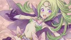 Rule 34 | 1girl, belt, blush, breasts, cape, circlet, fire emblem, fire emblem awakening, gloves, green hair, long hair, looking at viewer, midriff, navel, nintendo, nowi (fire emblem), open mouth, outstretched arms, pointy ears, ponytail, purple eyes, purple gloves, saikachi (ogre tree), small breasts, solo, thighhighs, upper body