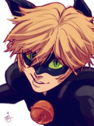 Rule 34 | 1boy, adrien agreste, bell, black bodysuit, blonde hair, bodysuit, ceejles, chat noir, close-up, colored sclera, fangs, green eyes, green sclera, highres, looking at viewer, male focus, miraculous ladybug, signature, smile, solo, white background