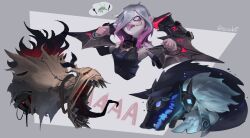 Rule 34 | 2girls, absurdres, bare shoulders, black sclera, briar (league of legends), chained wrists, colored sclera, creature, cropped torso, fangs, fiddlesticks, glowing, glowing eyes, green eyes, grey background, grey eyes, grey hair, hands up, highres, kindred (league of legends), lamb (league of legends), league of legends, long hair, long tongue, mask, medium hair, multiple girls, open mouth, pink hair, pink sclera, pointy ears, red eyes, scarvii, sharp teeth, speech bubble, teeth, tongue, tongue out, upper body, white background, wolf (league of legends)