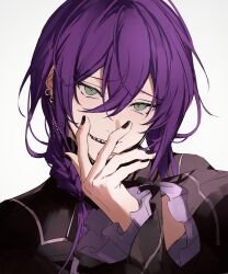 Rule 34 | 1boy, ayase mayoi, black nails, black shirt, braid, earrings, ehsl177, ensemble stars!, green eyes, hair between eyes, hair over shoulder, hand to own mouth, highres, jewelry, long hair, looking at viewer, male focus, mole, mole under mouth, multiple earrings, parted lips, portrait, purple hair, sharp teeth, shirt, simple background, single braid, smirk, solo, teeth, upper teeth only, white background