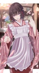 Rule 34 | 1girl, :d, absurdres, apron, blurry, blurry background, brown hair, cherry blossoms, hair ribbon, highres, hinataaoi (iraiuketsukechuu), japanese clothes, looking at viewer, maid, maid apron, open mouth, original, pink eyes, ribbon, short hair, smile, solo, standing, wa maid