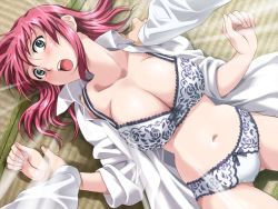 Rule 34 | 00s, 1boy, 1girl, blush, boin, boin lecture, bra, breasts, cleavage, collarbone, dutch angle, floor, game cg, green eyes, hand on shoulder, hands up, happoubi jin, hetero, holding another&#039;s wrist, huge breasts, iihara nao, large breasts, lingerie, long hair, looking at viewer, looking up, lying, navel, on back, on floor, open clothes, open mouth, open shirt, panties, partially undressed, pink hair, pov, red hair, shirt, sleeves rolled up, solo focus, surprised, teeth, tongue, underwear, white shirt, wide-eyed