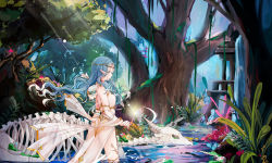 Rule 34 | 1girl, ass, blue eyes, blue hair, building, circlet, crystal, detached sleeves, dress, forest, from side, glowing, hatsune miku, hnanati, matching hair/eyes, nature, outdoors, overgrown, plant, pointy ears, profile, see-through, shawl, skeleton, solo, stairs, sunlight, tree, vines, vocaloid, wading, walking, water, waterfall, wavy hair, wetland, white dress