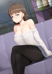 Rule 34 | 1girl, alternate costume, bad id, bad pixiv id, black pantyhose, blue skirt, blush, breasts, brown eyes, brown hair, couch, eyewear strap, glasses, kantai collection, large breasts, long sleeves, ne an ito, off shoulder, on couch, open mouth, pantyhose, pince-nez, pleated skirt, roma (kancolle), sitting, skirt, sleeves past wrists, solo, sweater, wavy hair, white sweater