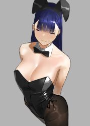 Rule 34 | 1girl, animal ears, arms behind back, bare shoulders, black pantyhose, blue hair, bow, bowtie, breasts, cleavage, closed eyes, detached collar, fake animal ears, highres, leotard, long hair, medium breasts, mole, mole on breast, mole under eye, original, pantyhose, playboy bunny, rabbit ears, smile, solo, standing, yomu (sgt epper)