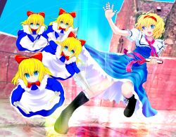 Rule 34 | 1girl, alice margatroid, blonde hair, blue eyes, bow, capelet, doll, dress, female focus, hair bow, hairband, ishikkoro, jewelry, puppet rings, puppet strings, ring, shanghai doll, short hair, solo, string, touhou, weapon
