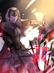 Rule 34 | 1girl, armor, blonde hair, cape, fate/apocrypha, fate/grand order, fate (series), field of blades, highres, jeanne d&#039;arc (fate), jeanne d&#039;arc alter (avenger) (fate), jeanne d&#039;arc alter (avenger) (first ascension) (fate), jeanne d&#039;arc alter (fate), looking at viewer, pale skin, popo (shime8001), ruler (fate/grand order), scabbard, sheath, short hair, solo, sword, weapon, yellow eyes