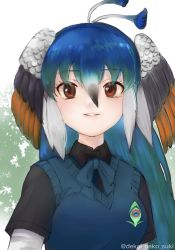 Rule 34 | 1girl, animal costume, bird girl, bird wings, blue hair, bow, bowtie, cardigan, dekai neko suki, forest, green hair, highres, kemono friends, kemono friends 3, long hair, looking at viewer, multicolored hair, nature, open mouth, peafowl (kemono friends), red eyes, shirt, simple background, solo, white hair, wings