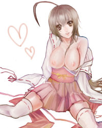Rule 34 | 00s, 1girl, ahoge, bad id, bad pixiv id, breasts, brown eyes, brown hair, huge breasts, japanese clothes, large breasts, musubi, open clothes, open shirt, sekirei, shiori (artist), shirt, short hair, sitting, skirt, smile, solo, thighhighs