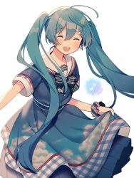 Rule 34 | 1girl, ahoge, amagi hana, aqua hair, blue dress, blue skirt, checkered trim, closed eyes, commentary request, dress, hair ornament, hairclip, happy, hatsune miku, highres, long hair, looking at viewer, open mouth, pleated skirt, project sekai, sailor collar, short sleeves, sidelocks, simple background, skirt, sky print, smile, solo, twintails, very long hair, vocaloid, white background, white sailor collar, wrist cuffs