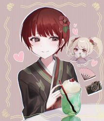 Rule 34 | 2girls, :d, black kimono, blonde hair, blunt bangs, blush, blush stickers, border, bow, brown eyes, camera, cherry, chibi, chibi inset, circle hands, closed mouth, commentary, cup, danganronpa (series), danganronpa 2: goodbye despair, drink, drinking glass, drinking straw, eyelashes, flower, folding fan, food, freckles, fruit, green kimono, hair bow, hair flower, hair ornament, hand fan, hands on own face, heart, hibiscus, highres, holding, holding drinking straw, japanese clothes, kimono, koizumi mahiru, long hair, long sleeves, looking at another, looking at object, looking down, multiple girls, narrowed eyes, obi, open mouth, paper fan, pink bow, pink kimono, pinstripe pattern, raised eyebrows, red flower, red hair, red sash, ringed eyes, saionji hiyoko, sash, shirase aron (sisisiroo), short hair, smile, striped, striped background, sweatdrop, table, turning head, twintails, two-tone kimono, upper body, very short hair, whipped cream, wide sleeves, worried, yellow border