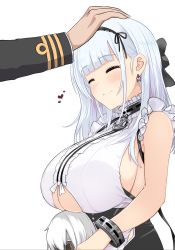 Rule 34 | 1boy, 1girl, anchor choker, anchor necklace, apron, azur lane, bare shoulders, black hairband, blunt bangs, blush, breasts, center frills, character doll, choker, cleavage cutout, closed eyes, closed mouth, clothing cutout, collar, commander (azur lane), commentary request, dido (azur lane), doll, dress, earrings, fang, frilled choker, frills, hair ribbon, hairband, happy, headpat, heart, heart earrings, highres, holding, holding doll, huge breasts, jewelry, lace-trimmed hairband, lace trim, long hair, maid, maid apron, maid day, maid headdress, necklace, open mouth, pink eyes, ribbon, sideboob, sidelocks, silver hair, sleeveless, smile, standing, translation request, underboob, underboob cutout, upanishi mariko, waist apron, white apron, wrist cuffs