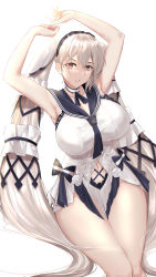 Rule 34 | 1girl, absurdres, armpits, arms up, azur lane, breasts, choker, clothing cutout, formidable (azur lane), formidable (timeless classics) (azur lane), hair ornament, highres, irkawaza, large breasts, long hair, looking at viewer, navel, navel cutout, official alternate costume, parted lips, red eyes, simple background, sleeveless, solo, thighs, twintails, very long hair, white background, white choker