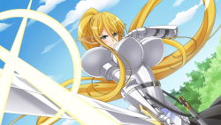 Rule 34 | 1girl, absurdly long hair, animal ears, armor, artist request, blonde hair, blue eyes, blush, boobplate, breastplate, breasts, centorea shianus, game cg, glint, holding, holding sword, holding weapon, horse ears, huge breasts, long hair, long sword, monster girl, monster musume no iru nichijou, monster musume no iru nichijou online, official art, outdoors, plate armor, pointy ears, ponytail, scabbard, sheath, sky, solo, sword, very long hair, weapon