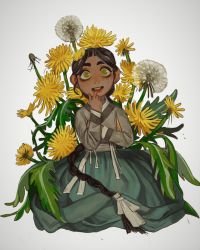 Rule 34 | 1girl, :d, black hair, braid, dandelion, eyebrows, finger to mouth, flower, flower request, freckles, hanbok, highres, korean clothes, long hair, long sleeves, looking at viewer, mossacannibalis, open mouth, original, oversized flower, ringed eyes, simple background, single braid, sitting, smile, solo, teeth, upper teeth only, very long hair, white background, yellow eyes, yellow flower