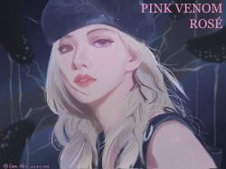 Rule 34 | 1girl, black hat, blackpink, blonde hair, character name, close-up, commentary, dated, english commentary, eren xg7, hat, highres, k-pop, long hair, looking to the side, parted lips, pink lips, profile, purple eyes, real life, rose (blackpink), solo, strap, twitter username, upper body