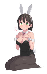 Rule 34 | 1girl, animal ears, bare shoulders, black hair, black leotard, black pantyhose, bob cut, breasts, collarbone, detached collar, fake animal ears, full body, green eyes, hairband, hand on own chest, highres, leotard, looking at viewer, medium breasts, no shoes, original, pantyhose, playboy bunny, rabbit ears, rabbit tail, saiste, seiza, short hair, simple background, sitting, solo, tail, tearing up, wavy mouth, white background, white hairband, wrist cuffs