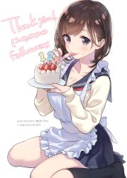 Rule 34 | 1girl, :p, absurdres, apron, bandaid, bandaid on hand, black socks, blue sailor collar, blue skirt, blush, breasts, brown hair, cake, cleavage, cream, fingernails, food, food on face, frilled apron, frills, fruit, highres, holding, holding plate, kneehighs, long sleeves, looking at viewer, medium breasts, morikura en, neckerchief, original, plate, purple eyes, red neckerchief, sailor collar, scan, school uniform, serafuku, short hair, simple background, sitting, skirt, sleeves past wrists, smile, socks, solo, strawberry, sweater, swept bangs, tareme, thank you, tongue, tongue out, translation request, wariza, white apron, white background, yellow sweater